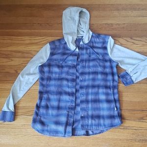 The North Face Blue Plaid Button-Down Hoodie Shirt with Light Gray Sleeves